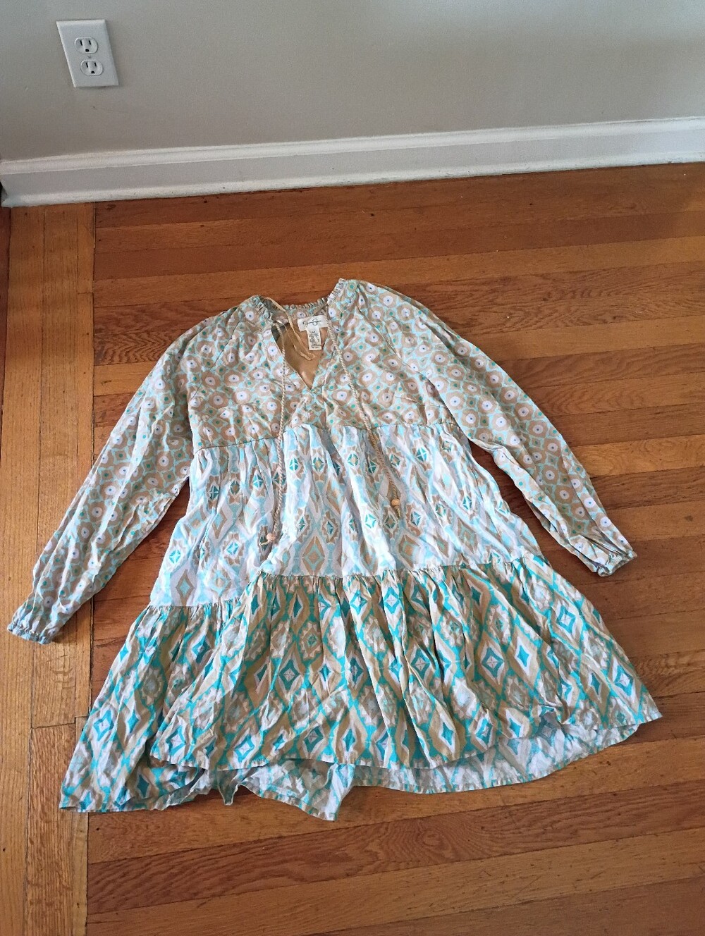 Jessica Simpson blue colorful geometric diamond long sleeve cotton dress medium